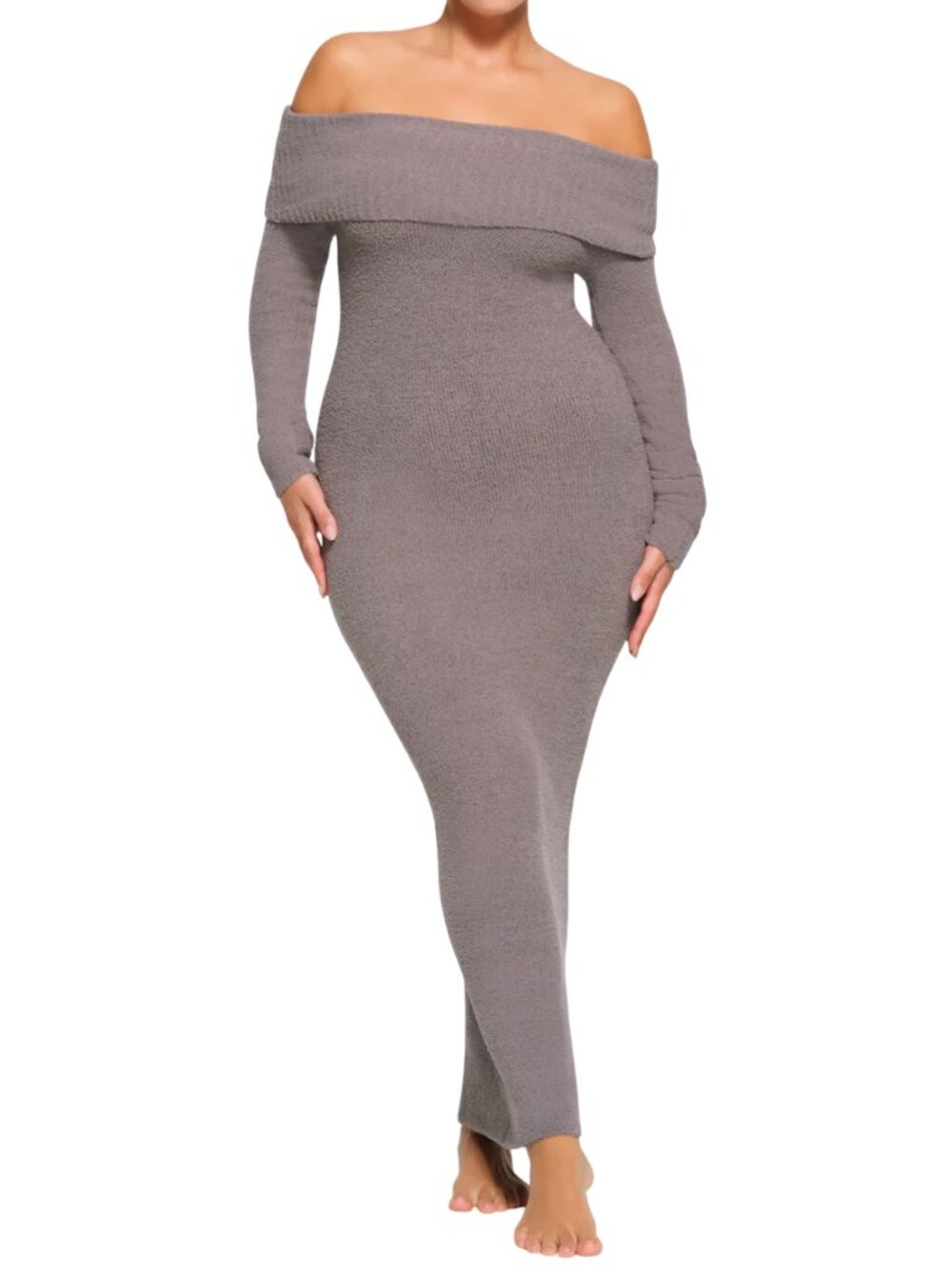 Skims Knit Off The Shoulder Dress Maxi Long Sleeve Grey Medium